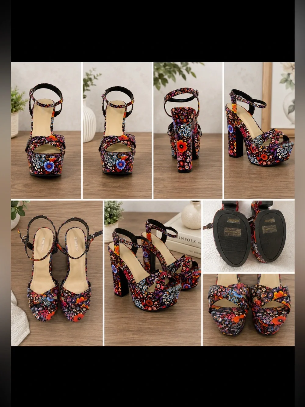 Anne Michelle Black Multicolor Floral Platform Block Heels